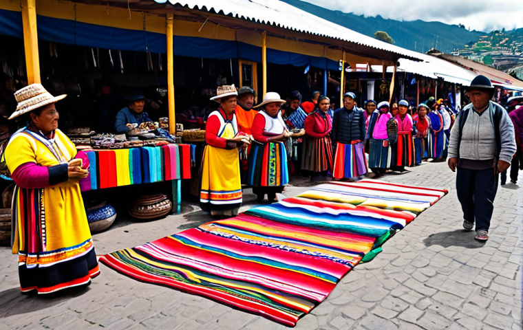 Otavalo Market Scene**

"A bustling marketplace in Otavalo, Ecuador. Indigenous artisans display colorful textiles, hand-carved wooden figures, and traditional ceramics. People are browsing and interacting with the vendors.  Bright, vibrant colors.  Safe for work, appropriate content, fully clothed, modest attire, professional photography, perfect anatomy, natural proportions, family-friendly."

**
