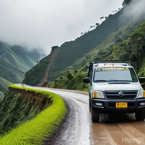 Home 20 에콰도르 운전 시 주의할 점 - A cinematic shot of a modern 4x4 SUV carefully navigating a narrow, winding mountain road in the Ecu...