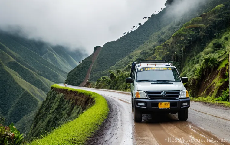 에콰도르 운전 시 주의할 점 - A cinematic shot of a modern 4x4 SUV carefully navigating a narrow, winding mountain road in the Ecu...