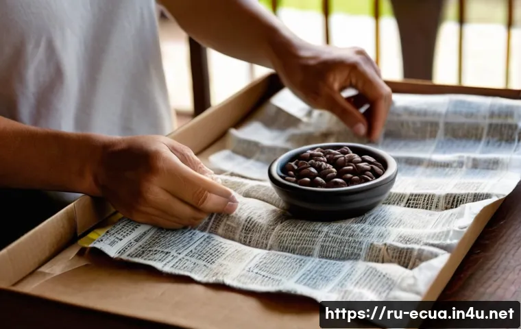 에콰도르에서 국제 배송 이용법 - **Prompt: Packing a cherished package from Ecuador**
    A detailed shot of a person's hands, wearin...